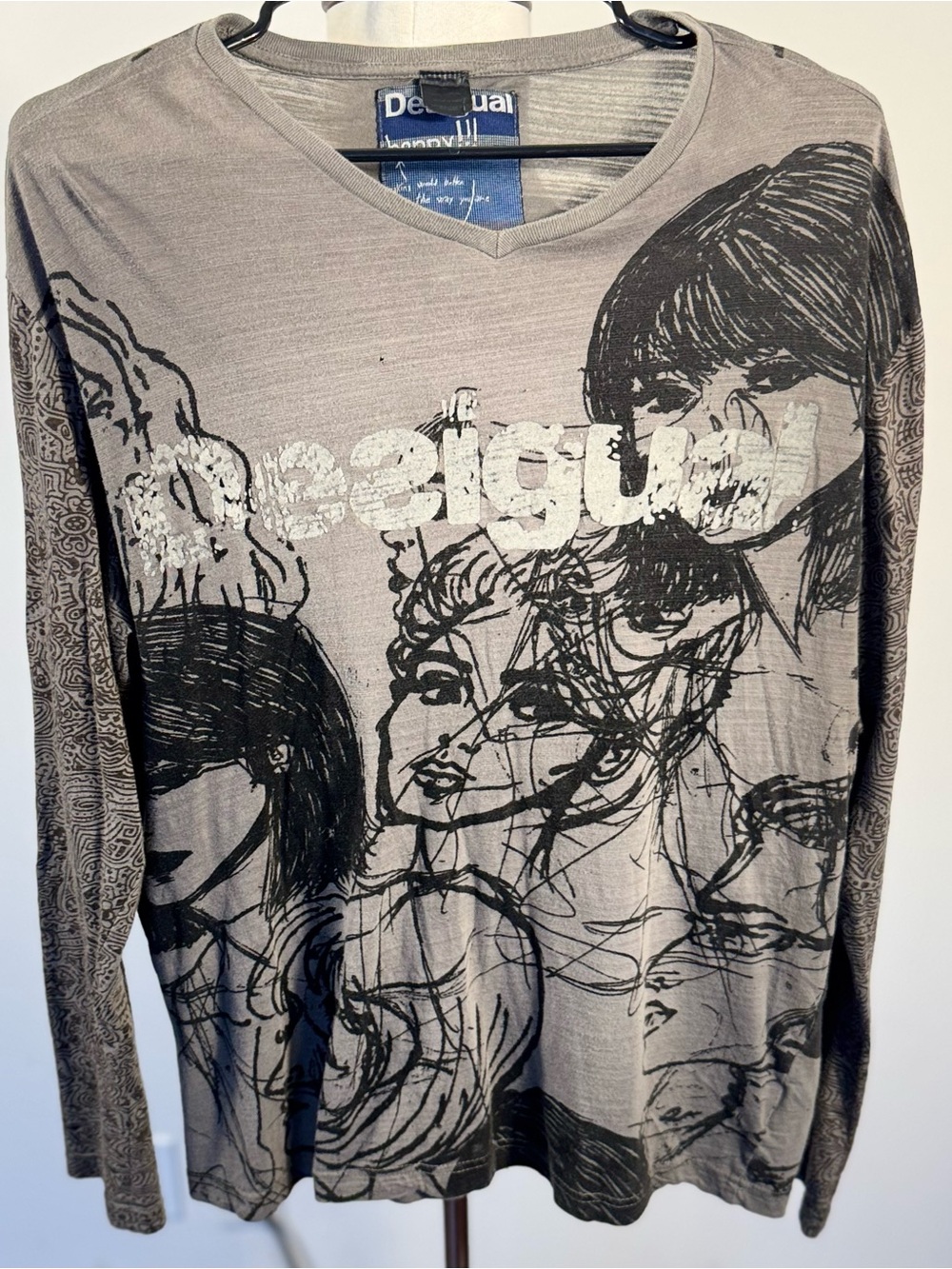 Desigual Mens Grey Abstract Female Faces Graphic Shirt Y2K Long Sleeve XL